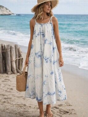 HOLDING HORSES Blue Tie-Dye Halter Midi Sundress